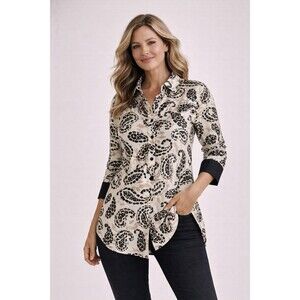 Chico’s No Iron Chic Stretch Leopard Paisley Top Tunic Tailored Blouse 1 Wht/Blk